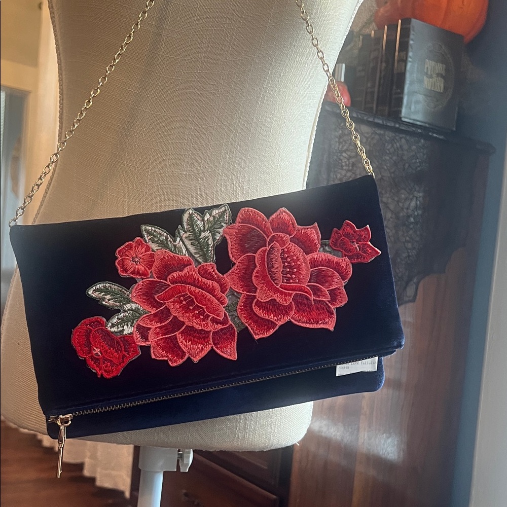 Urban Expressions Black Clutch with Red Floral Embroidery